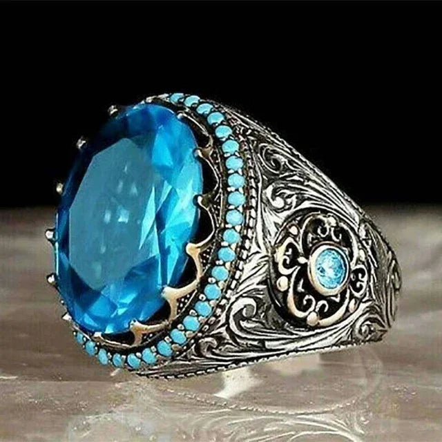 New European and American Green Gem Inlaid Men's Luxury Ring Personality Retro Domineering Ring Jewelry for Banquet Party